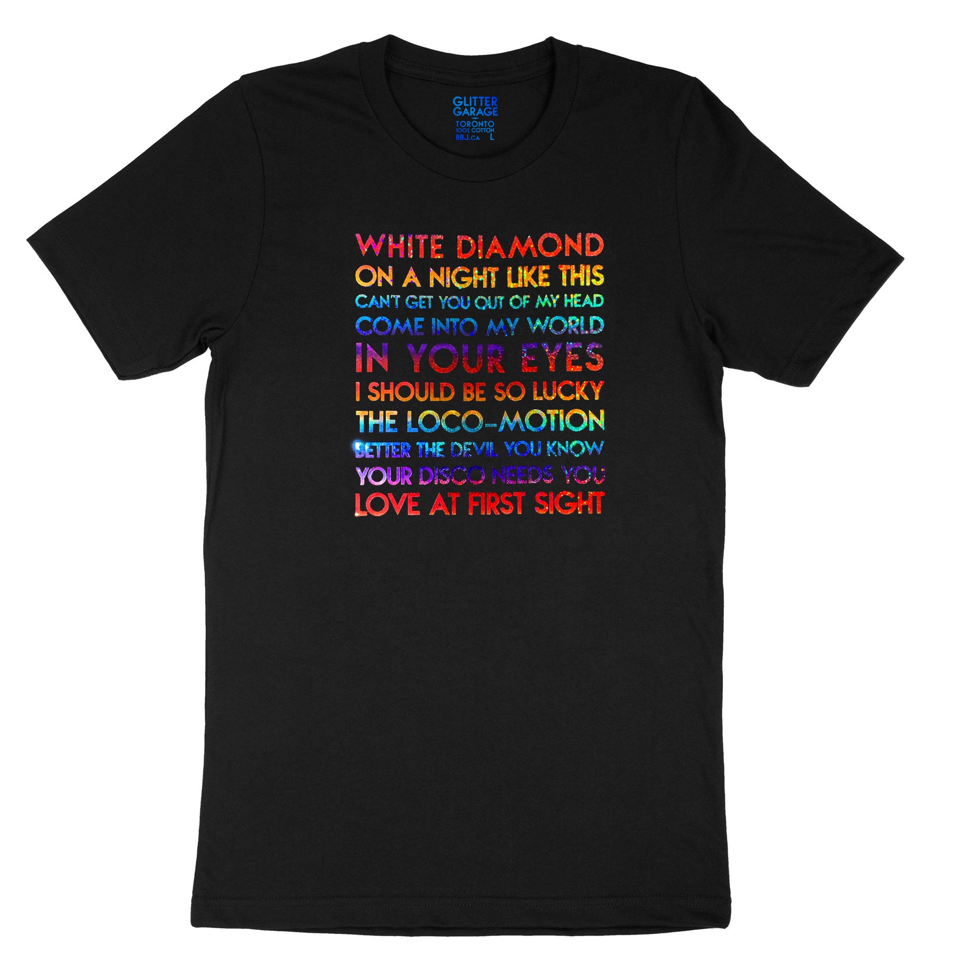 Kylie songs YourTen custom sample - rainbow holographic text on black unisex t-shirt -  by BBJ / Glitter Garage