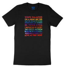 Load image into Gallery viewer, Kylie songs YourTen custom sample - rainbow holographic text on black unisex t-shirt -  by BBJ / Glitter Garage
