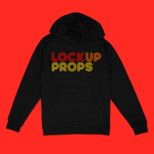 Lock Up Props red, orange, yellow retro type logo on black unisex hooded sweatshirt with kangaroo pocket by BBJ / Glitter Garage