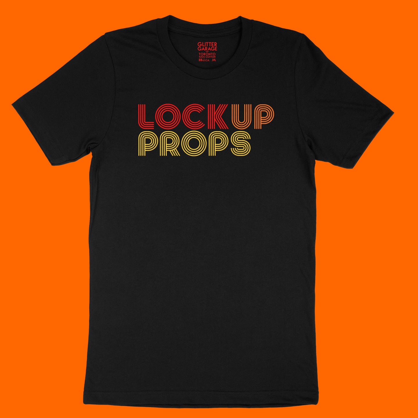 Lock Up Props red, orange, yellow retro type logo on black unisex premium quality tee by BBJ / Glitter Garage