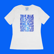 Load image into Gallery viewer, custom sample - Madonna songs - blue metallic text on white womens t-shirt - Custom YourTen tee by BBJ / Glitter Garage
