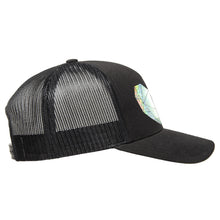 Load image into Gallery viewer, Classic black snapback hat with holographic faceted heart detail by BBJ / Glitter Garage. Unisex style, breathable mesh back with matching plastic snap closure fits most. Side view.
