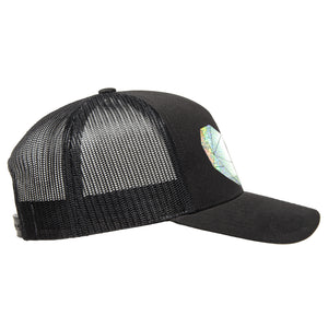 Classic black snapback hat with holographic faceted heart detail by BBJ / Glitter Garage. Unisex style, breathable mesh back with matching plastic snap closure fits most. Side view.