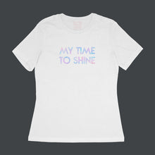 Load image into Gallery viewer, Custom text tee sample - &quot;My Time To Shine&quot; in holographic pearl text - USE YOUR WORDS - white women&#39;s relaxed fit cotton t-shirt by BBJ / Glitter Garage
