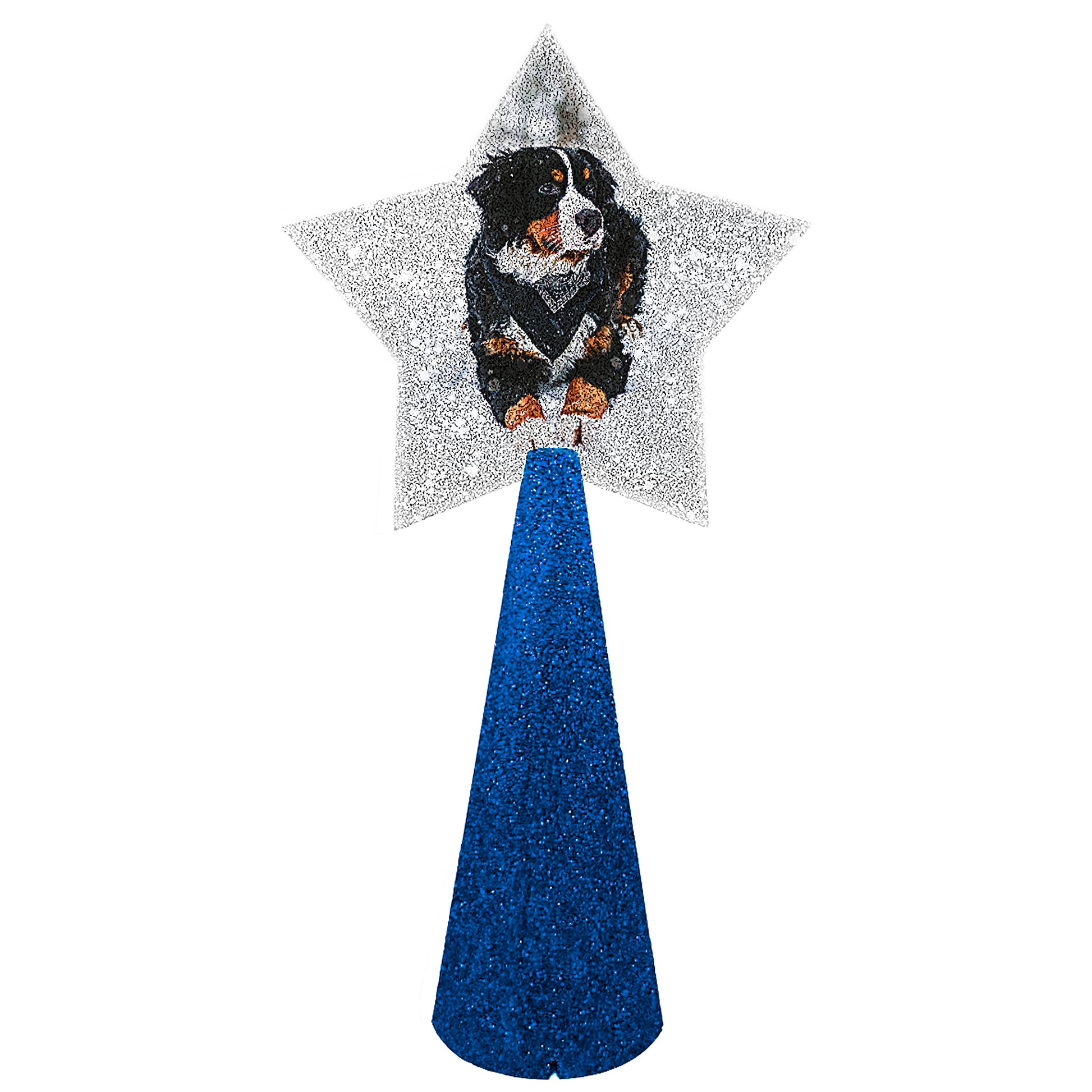 Custom tree topper with sample dog image on royal blue glitter cone - double-sided back