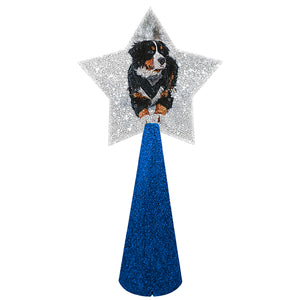 Custom tree topper with sample dog image on royal blue glitter cone