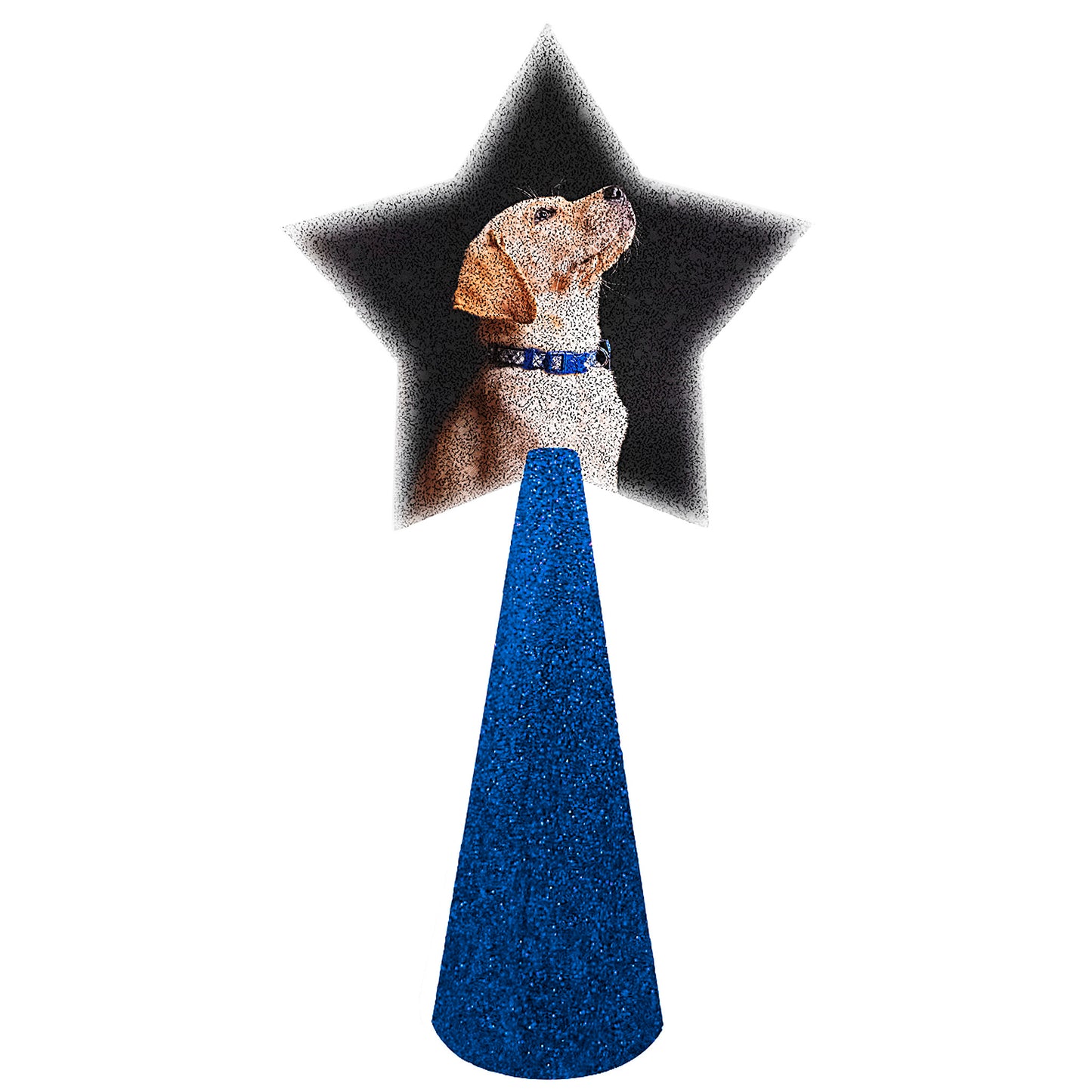 Custom tree topper with sample dog image on royal blue glitter cone double-sided front