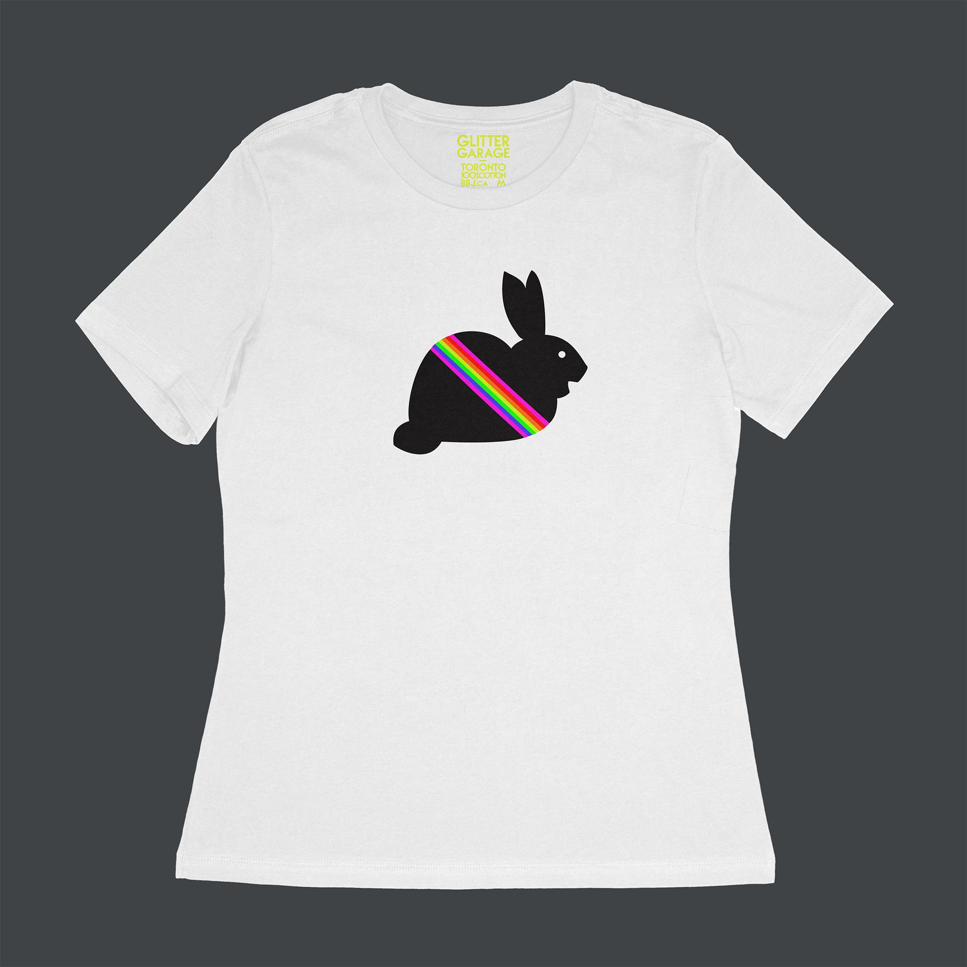 fuzzy black bunny with neon rainbow stripe on white women's relaxed fit tee by BBJ / Glitter Garage