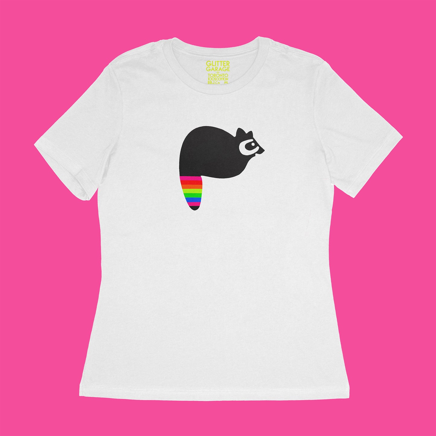 fuzzy black raccoon with neon rainbow striped tail on white women's relaxed fit tee by BBJ / Glitter Garage