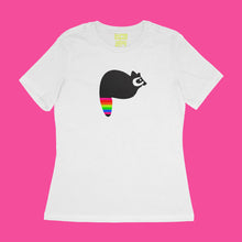 Load image into Gallery viewer, fuzzy black raccoon with neon rainbow striped tail on white women&#39;s relaxed fit tee by BBJ / Glitter Garage
