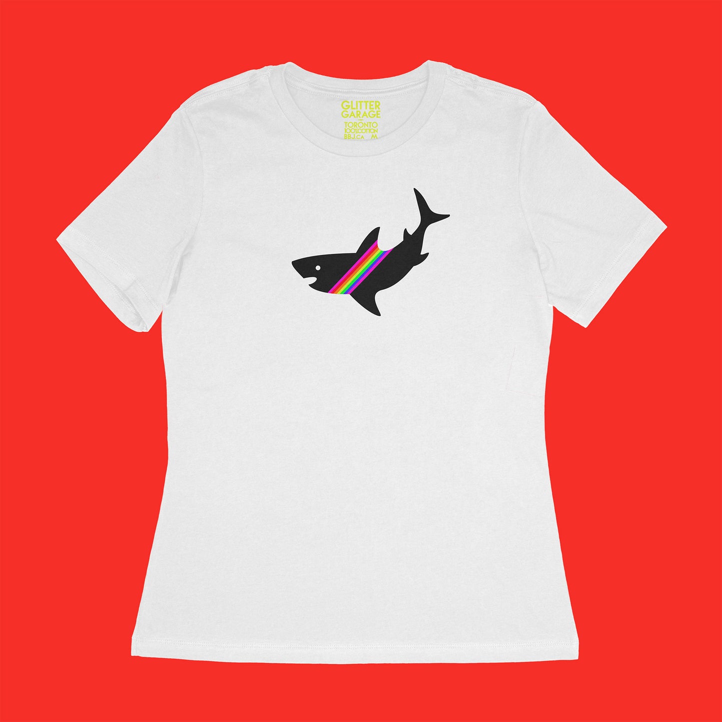 fuzzy grey shark with neon rainbow stripe on white women's relaxed fit tee by BBJ / Glitter Garage
