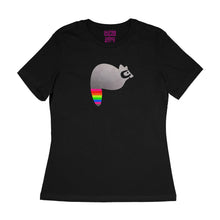 Load image into Gallery viewer, fuzzy grey raccoon with neon rainbow striped tail on black women&#39;s relaxed fit tee by BBJ / Glitter Garage
