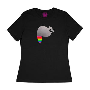 fuzzy grey raccoon with neon rainbow striped tail on black women's relaxed fit tee by BBJ / Glitter Garage