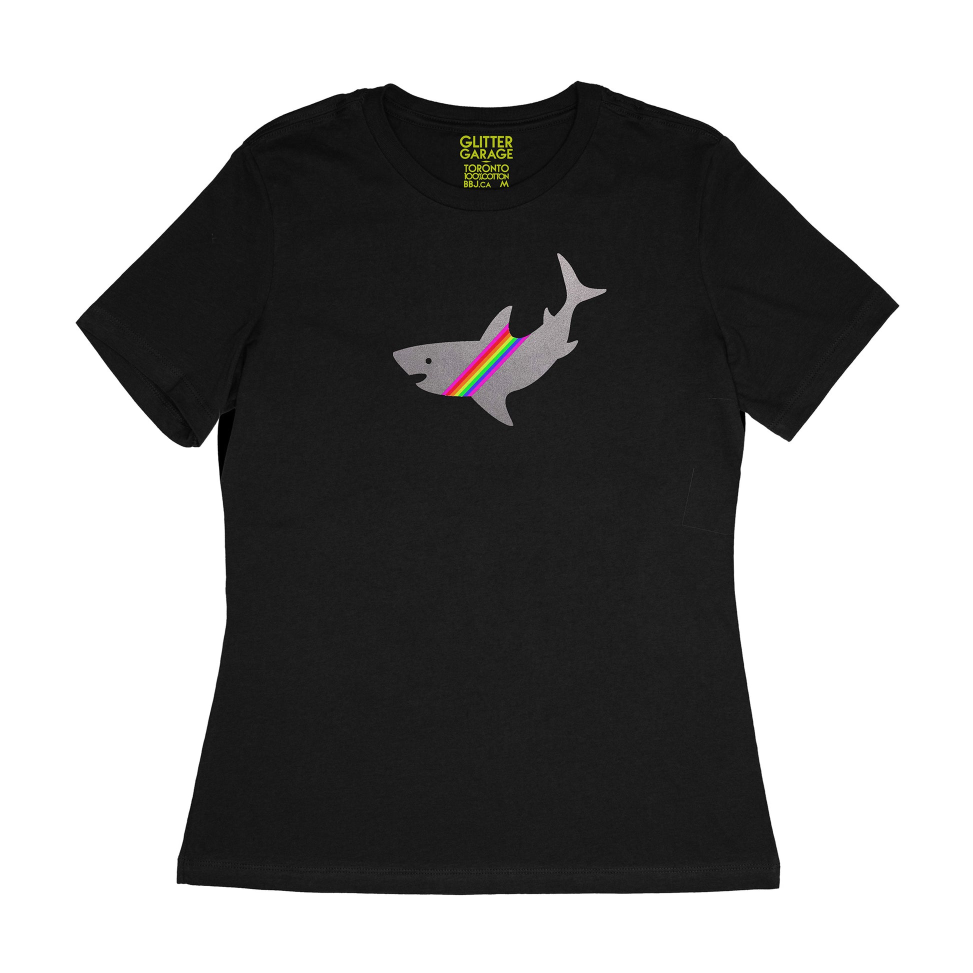 fuzzy grey shark with neon rainbow stripe on black women's relaxed fit tee by BBJ / Glitter Garage