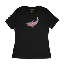 Load image into Gallery viewer, fuzzy grey shark with neon rainbow stripe on black women&#39;s relaxed fit tee by BBJ / Glitter Garage
