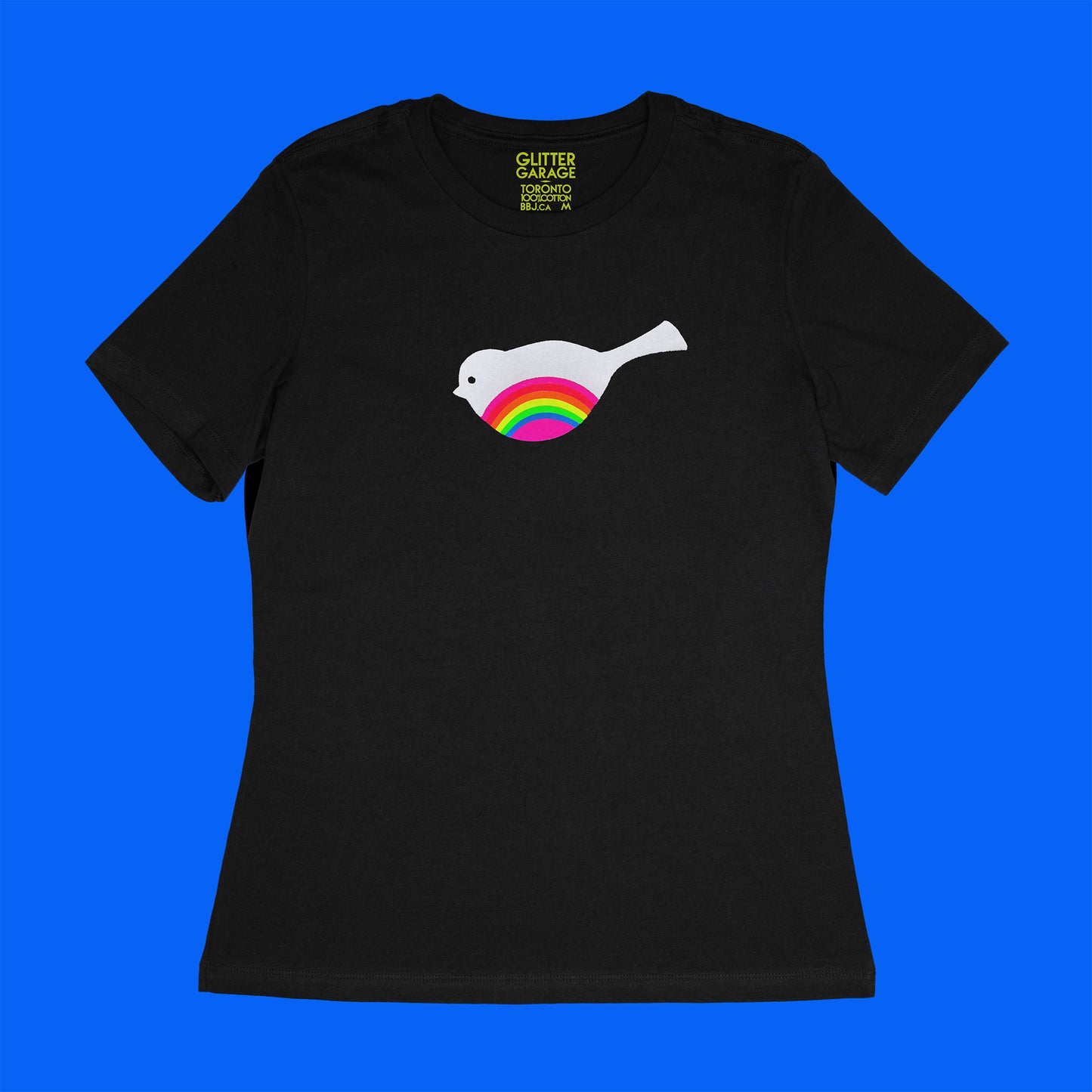 fuzzy white bird with neon rainbow striped belly on black women's relaxed fit tee by BBJ / Glitter Garage