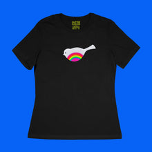 Load image into Gallery viewer, fuzzy white bird with neon rainbow striped belly on black women&#39;s relaxed fit tee by BBJ / Glitter Garage
