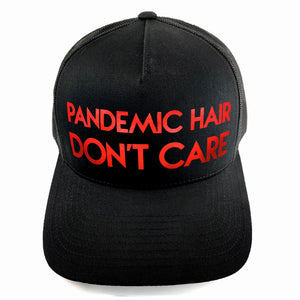 Classic black snapback hat with bold Pandemic Hair Don't Care red metallic text by BBJ / Glitter Garage. Glitter and matte vinyl colour options. Unisex style, breathable mesh back with matching plastic snap closure fits most.