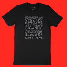 Load image into Gallery viewer, Pixies songs YourTen custom sample - gunmetal glitter text on black unisex t-shirt -  by BBJ / Glitter Garage
