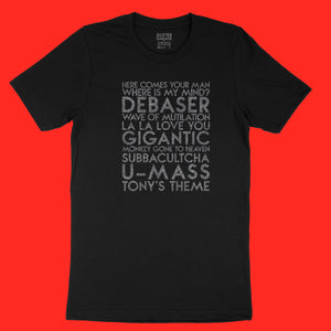 Pixies songs YourTen custom sample - gunmetal glitter text on black unisex t-shirt -  by BBJ / Glitter Garage