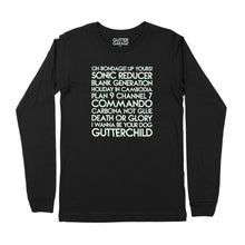 Load image into Gallery viewer, punk songs YourTen custom sample - glow in the dark text on black unisex long-sleeve t-shirt -  by BBJ / Glitter Garage
