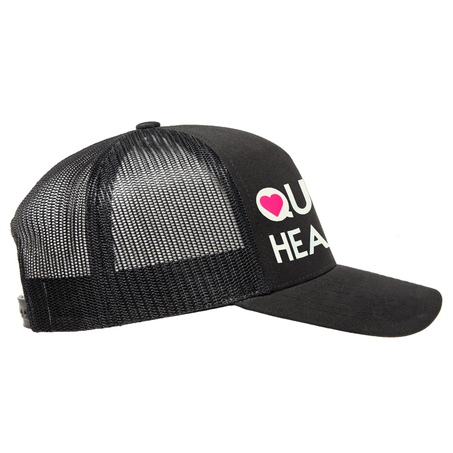 Classic black snapback hat with matte glow-in-the-dark and pink neon “Queer-hearted” detail by BBJ / Glitter Garage. Unisex style, breathable mesh back with matching plastic snap closure fits most. Side view.