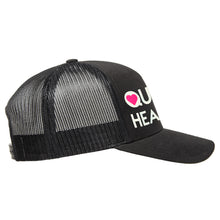 Load image into Gallery viewer, Classic black snapback hat with matte glow-in-the-dark and pink neon “Queer-hearted” detail by BBJ / Glitter Garage. Unisex style, breathable mesh back with matching plastic snap closure fits most. Side view.
