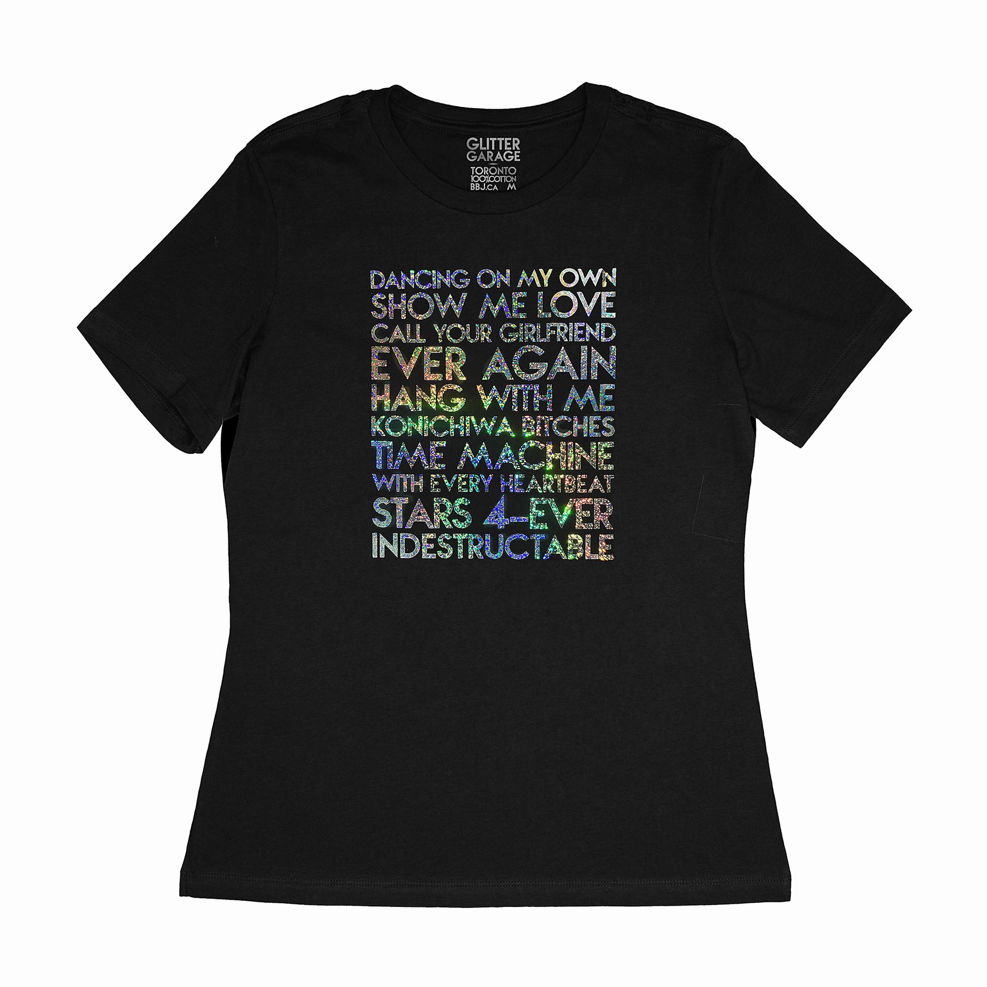 custom sample - Robyn songs - holographic text on black womens t-shirt - Custom YourTen tee by BBJ / Glitter Garage