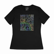 Load image into Gallery viewer, custom sample - Robyn songs - holographic text on black womens t-shirt - Custom YourTen tee by BBJ / Glitter Garage
