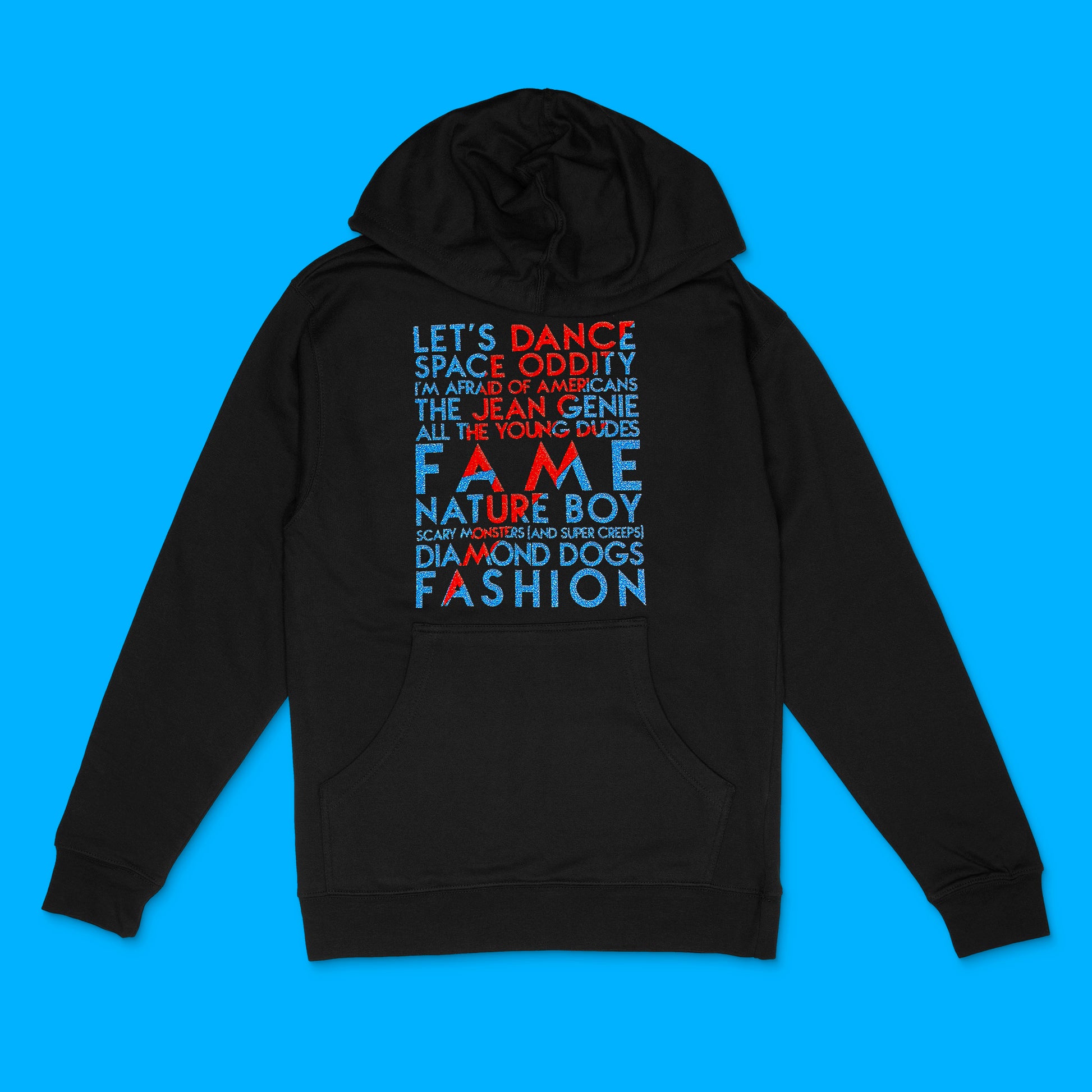 David Bowie song titles with lightning bolt icon in red and blue glitter text on black unisex hooded sweathshirt - Customizable YourTen David Bowie Icon hooded sweatshirt by BBJ / Glitter Garage
