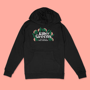 Killer Greens logo - 3 color on black hooded sweatshirt by BBJ /  Glitter Garage