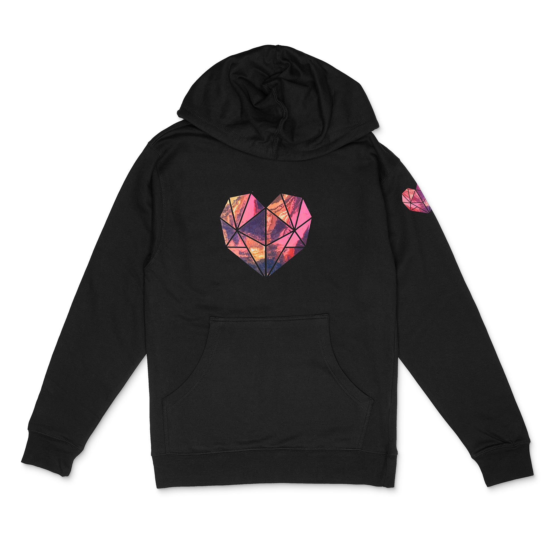 black hooded sweatshirt with holographic pearl faceted heart icon by BBJ /Glitter Garage