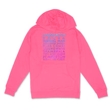 Load image into Gallery viewer, custom sample - festivals - custom holo pearl text on neon pink unisex pullover hoodie - Custom YourTen sweatshirt by BBJ / Glitter Garage
