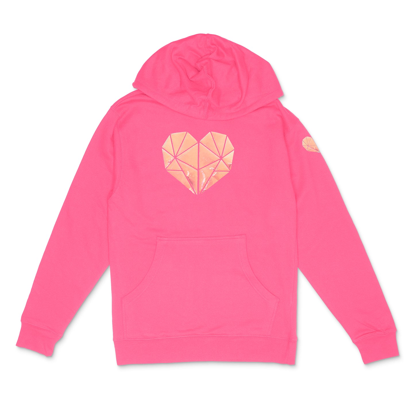 neon pink hooded sweatshirt with holographic pearl faceted heart icon by BBJ /Glitter Garage