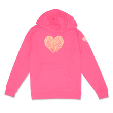 Load image into Gallery viewer, neon pink hooded sweatshirt with holographic pearl faceted heart icon by BBJ /Glitter Garage
