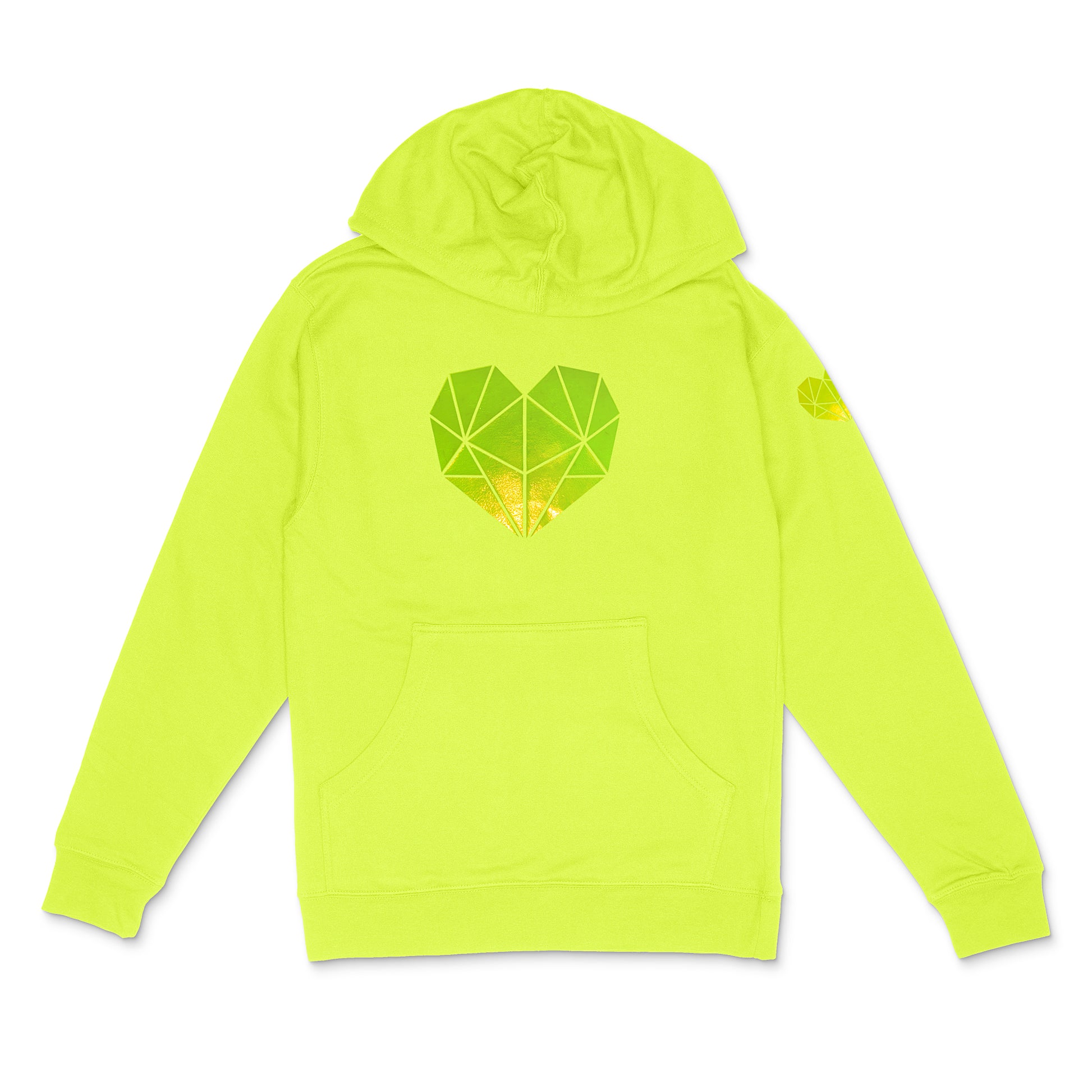 neon yellow hooded sweatshirt with holographic pearl faceted heart icon by BBJ /Glitter Garage