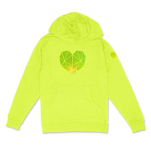 Load image into Gallery viewer, neon yellow hooded sweatshirt with holographic pearl faceted heart icon by BBJ /Glitter Garage
