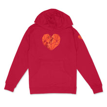 Load image into Gallery viewer, red hooded sweatshirt with holographic pearl faceted heart icon by BBJ /Glitter Garage
