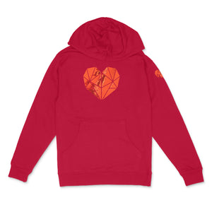 red hooded sweatshirt with holographic pearl faceted heart icon by BBJ /Glitter Garage