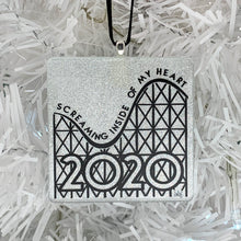 Load image into Gallery viewer, Screaming Inside My Heart 2020 Ornament - white pearl glitter with black roller coaster graphic square handmade glass and glitter ornaments by BBJ
