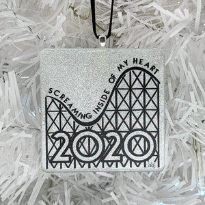 Screaming Inside My Heart 2020 Ornament - white pearl glitter with black roller coaster graphic square handmade glass and glitter ornaments by BBJ