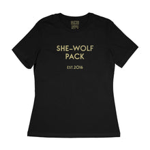 Load image into Gallery viewer, Custom text tee sample- She-Wolf-Pack in gold matte text - USE YOUR WORDS - Black women&#39;s relaxed fit cotton t-shirt by BBJ / Glitter Garage
