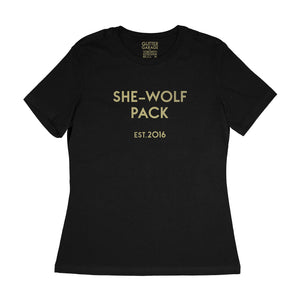 Custom text tee sample- She-Wolf-Pack in gold matte text - USE YOUR WORDS - Black women's relaxed fit cotton t-shirt by BBJ / Glitter Garage
