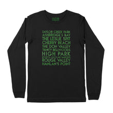 Load image into Gallery viewer, Toronto parks YourTen custom sample - green glitter text on black unisex long-sleeve t-shirt -  by BBJ / Glitter Garage
