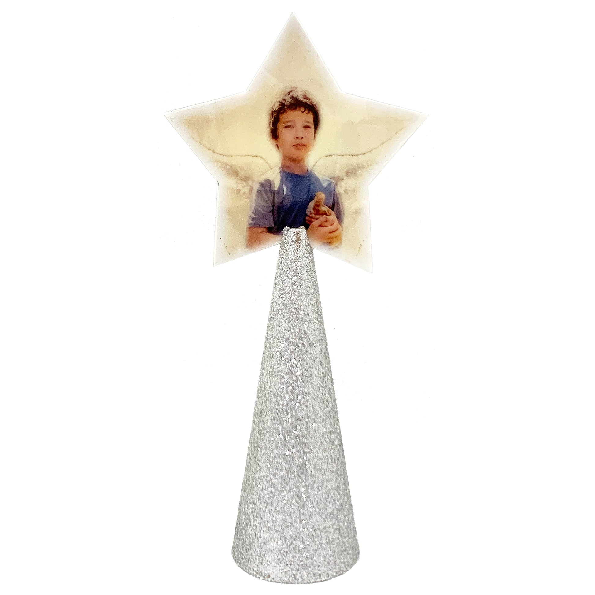 Custom tree topper - White Star with sample sweet boy photo - silver gold glitter cone