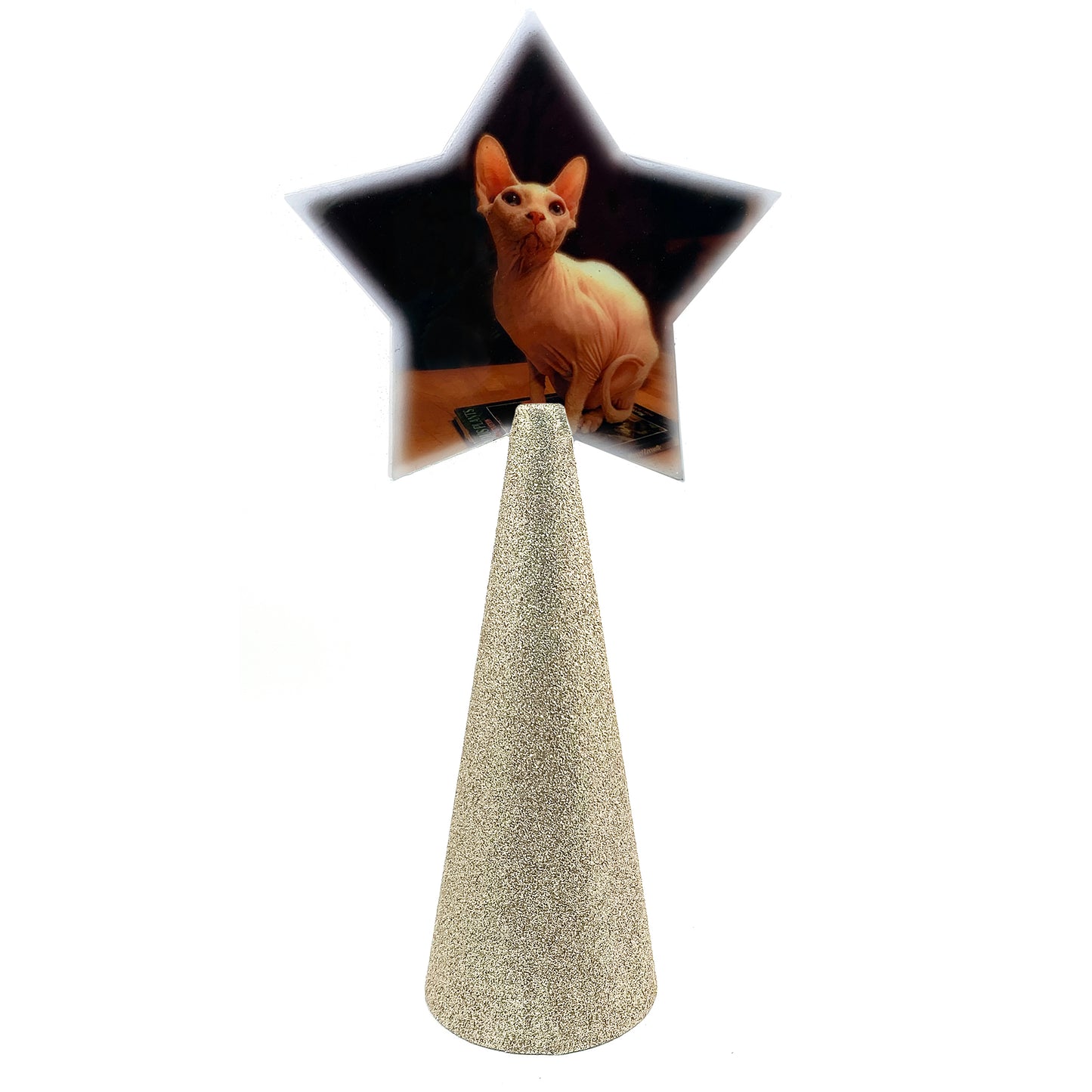 Custom tree topper - White Star with sample sphynx cat photo - champagne gold glitter cone
