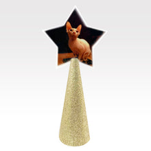 Load image into Gallery viewer, Custom tree topper - White Star with sample sphynx cat photo - champagne gold glitter cone
