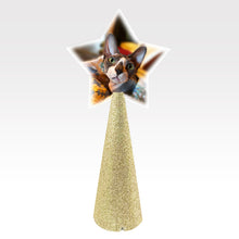 Load image into Gallery viewer, Custom tree topper - White Star with sample sphynx cat photo - champagne gold glitter cone
