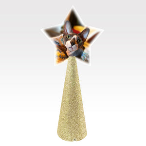 Custom tree topper - White Star with sample sphynx cat photo - champagne gold glitter cone