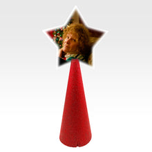 Load image into Gallery viewer, Custom tree topper - White Star with sample grandmother photo - red glitter cone
